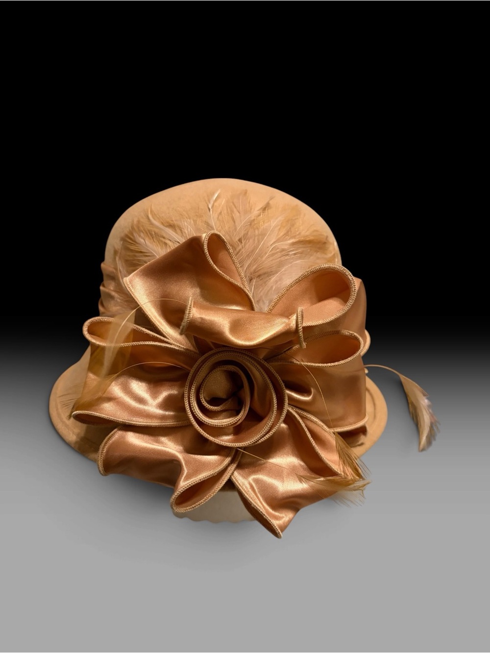 Something Special SS Camel Felt Cloche Hat Satin Bow rosette Feathers.